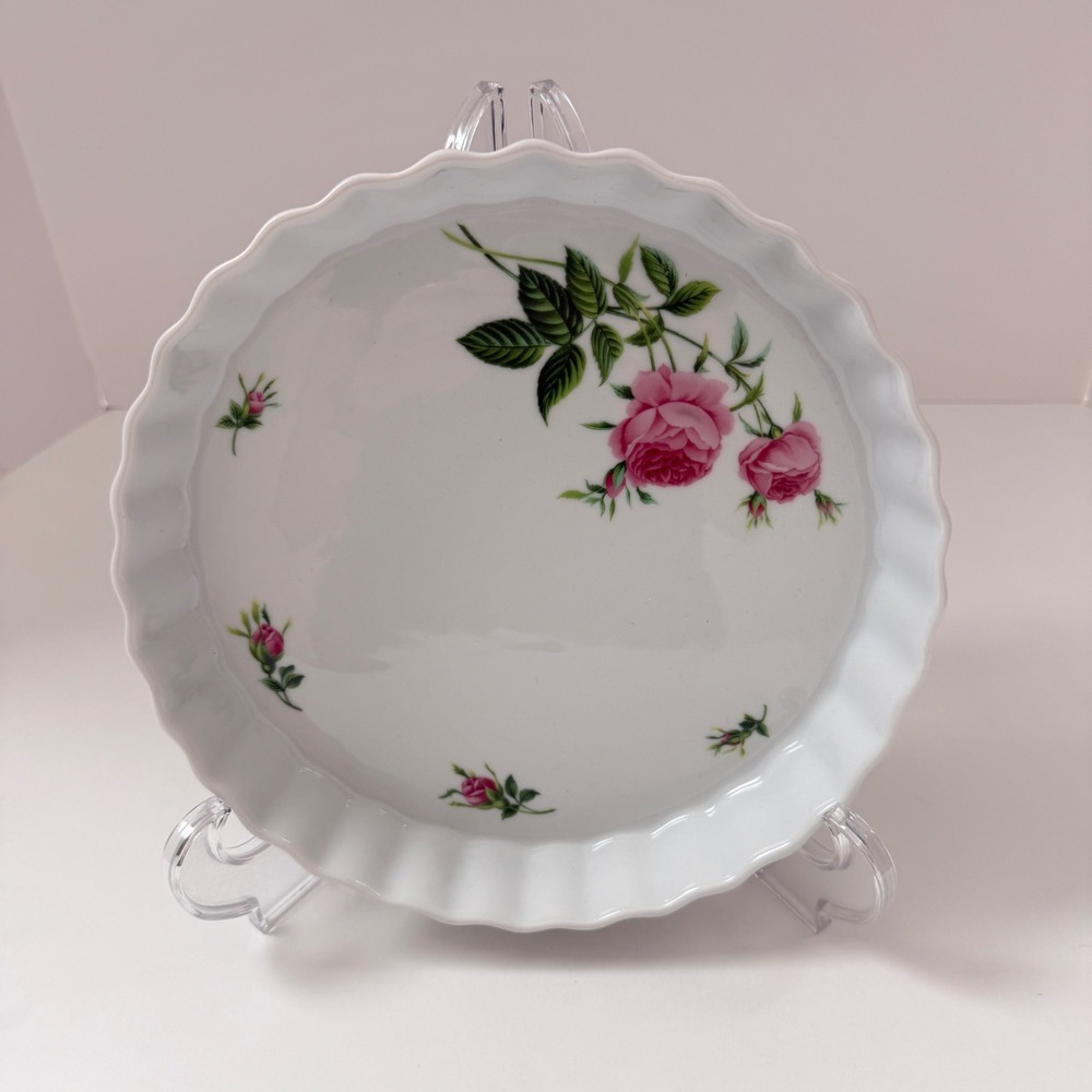 Christineholm Porcelain Tart Dish 9.5in Pink Rose Floral Fluted Quiche Pan